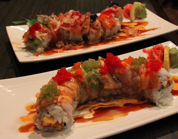 Fancy rolls: the Rainbow Roll in the front and the Red Dragon Roll in the back